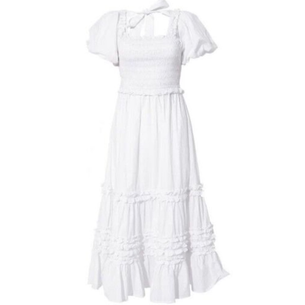 White Smocked Bodice Puff Sleeve Maxi Dress